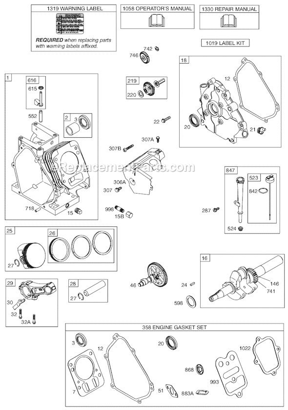 Page A Diagram and Parts List for 12A100SERIES 0130-0938 Briggs and Stratton Engine